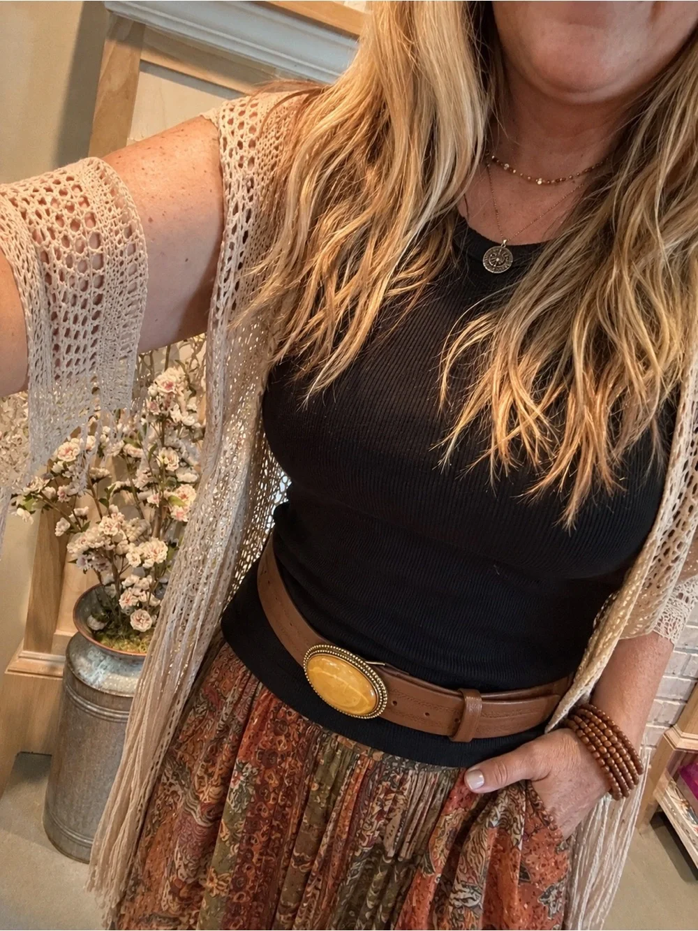 Wide Leather Belt w/ Amber Stone Buckle‎ Boho Large
